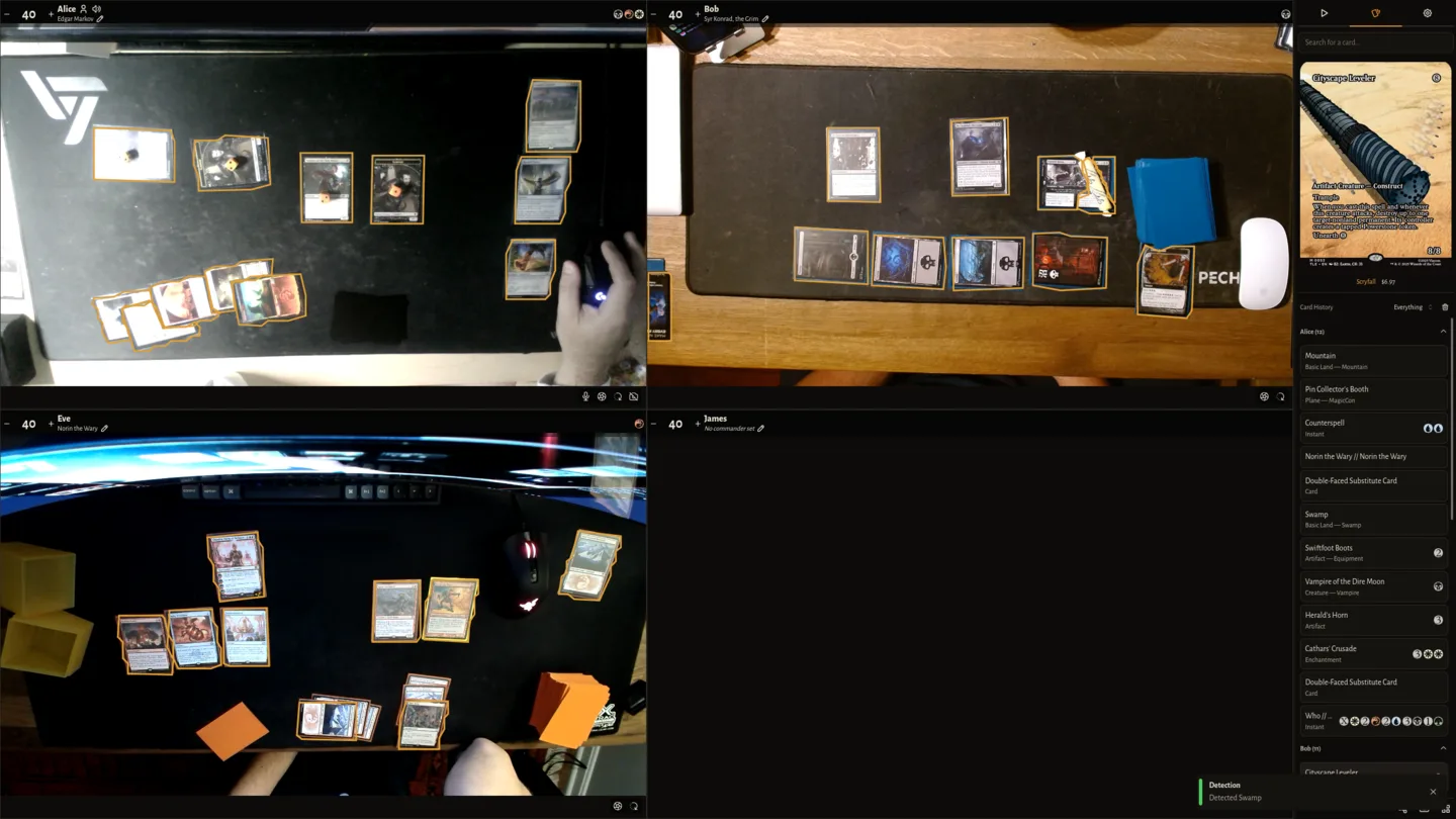 A four-player cardcast game with orange card-detection outlines, slate-blue pinned states, and the refreshed dark sidebar